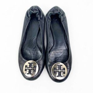 Tory Burch Reva Flats Black Leather Silver Logo